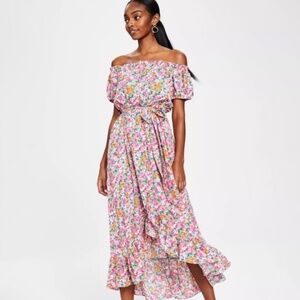 Bar III Women's Floral Pink Green Off The Shoulder Dress